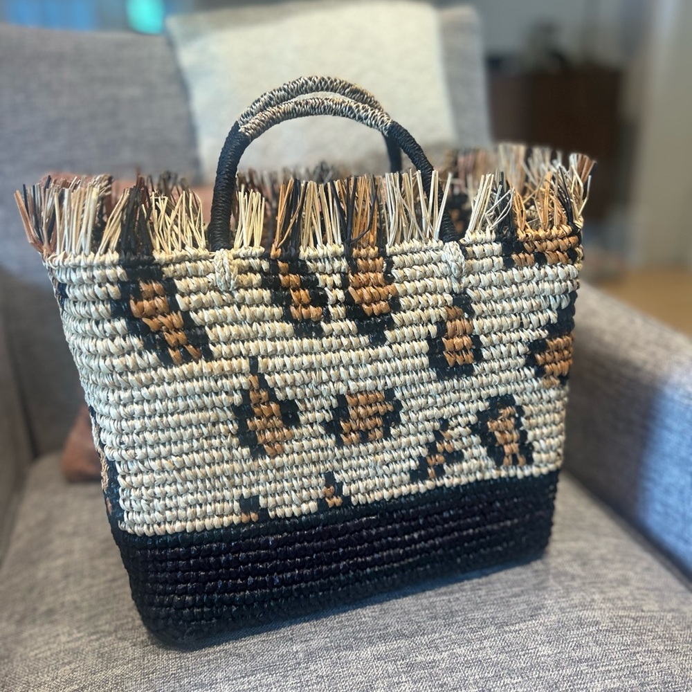 Sensi Studio Leopard Pattern Woven Tote Bag - Black, Brown, Cream (medium size)